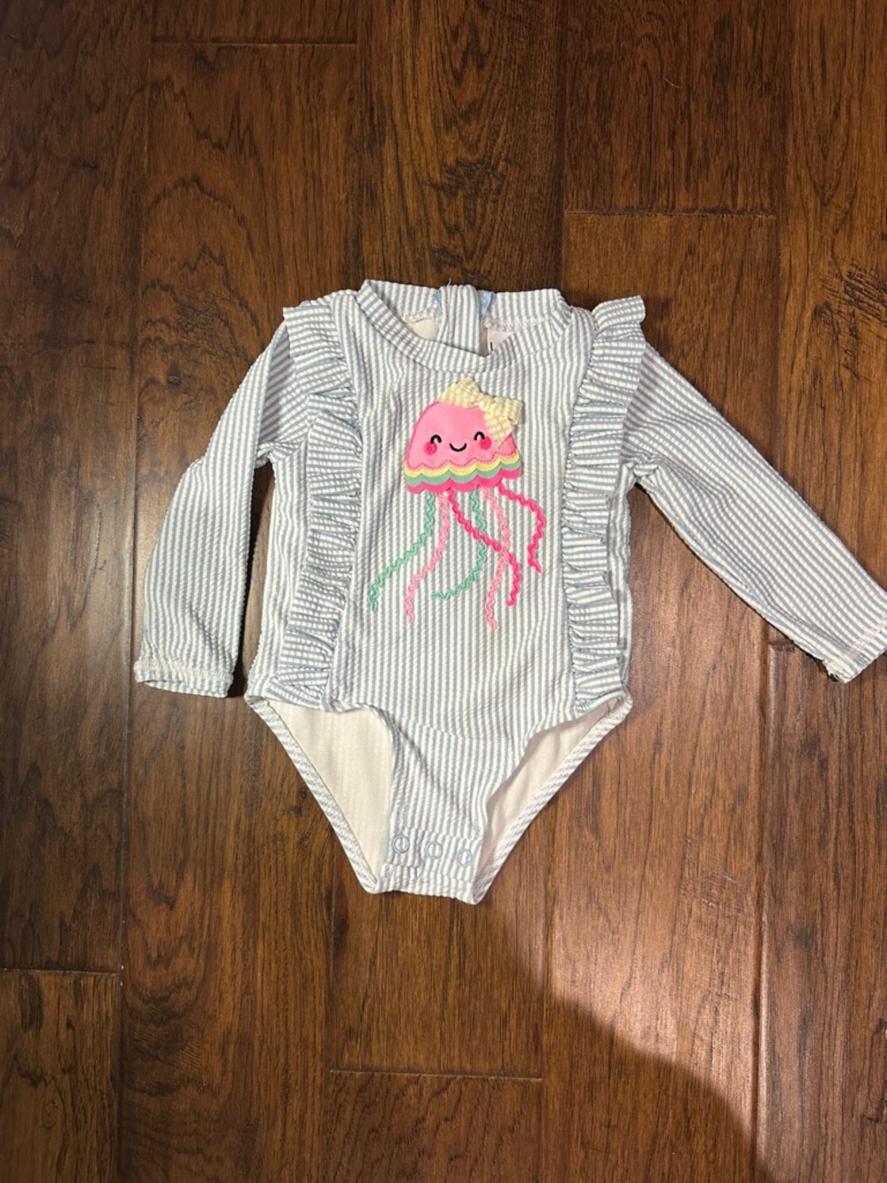 Nicole Miller Blue & White Striped Long-Sleeve One-Piece with Pink Jellyfish